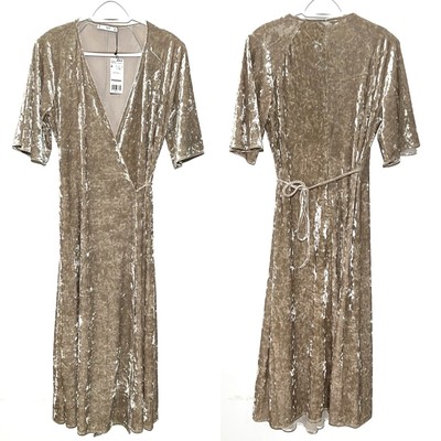 MANGO Velour True Wrap Dress MIDI sz 6 Small Beige