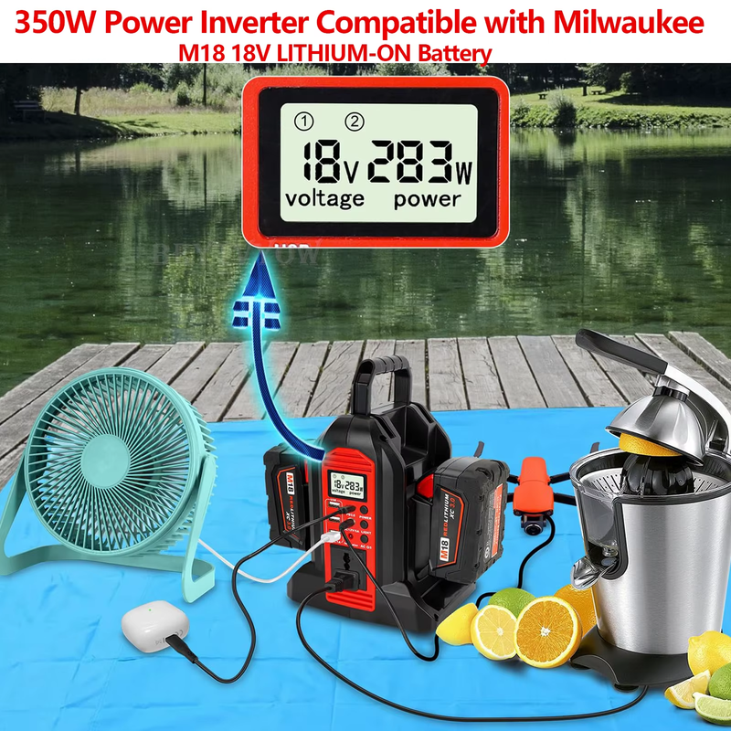 350W Pure Sine Wave Power Inverter for Milwaukee M18 18V Battery 2-Ports DC 18V