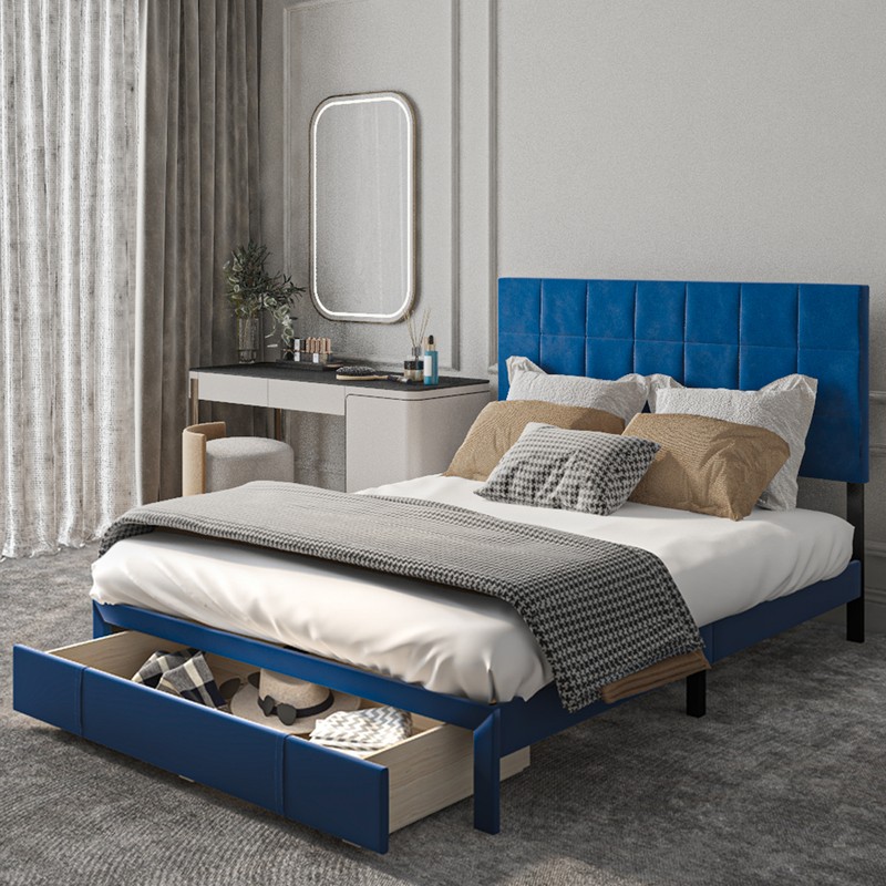 Platform With Storage Drawers+velvet Headboard