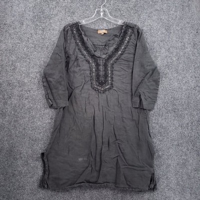 CARLA CONTI Italy Womens S Gray Linen Tunic Sequin Embroidered 3/4 Sleeve