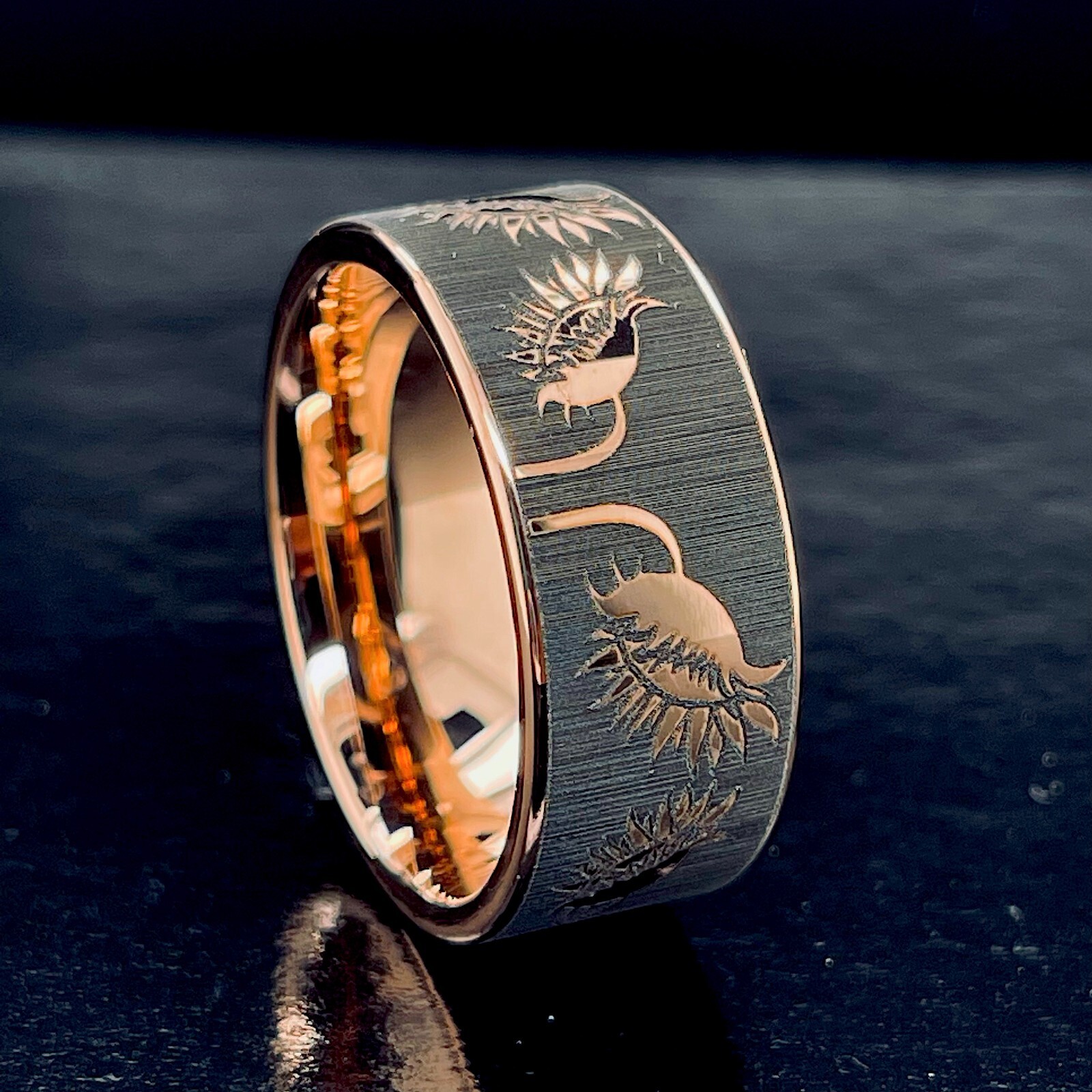 Pre-owned Rosegold Sunflowers Pattern Engrave Rose Gold Tungsten Carbide Ring, Mens And Women Ring