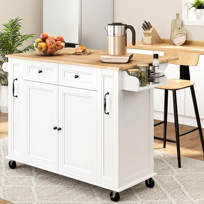 Yaheetech Rolling Kitchen Island with DropLeaf Rubberwood Top 2 PullOuts 52W Kit