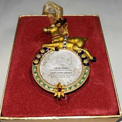 Enamel Metal Rhinestone Reindeer Christmas Ornament Photo Frame NIB