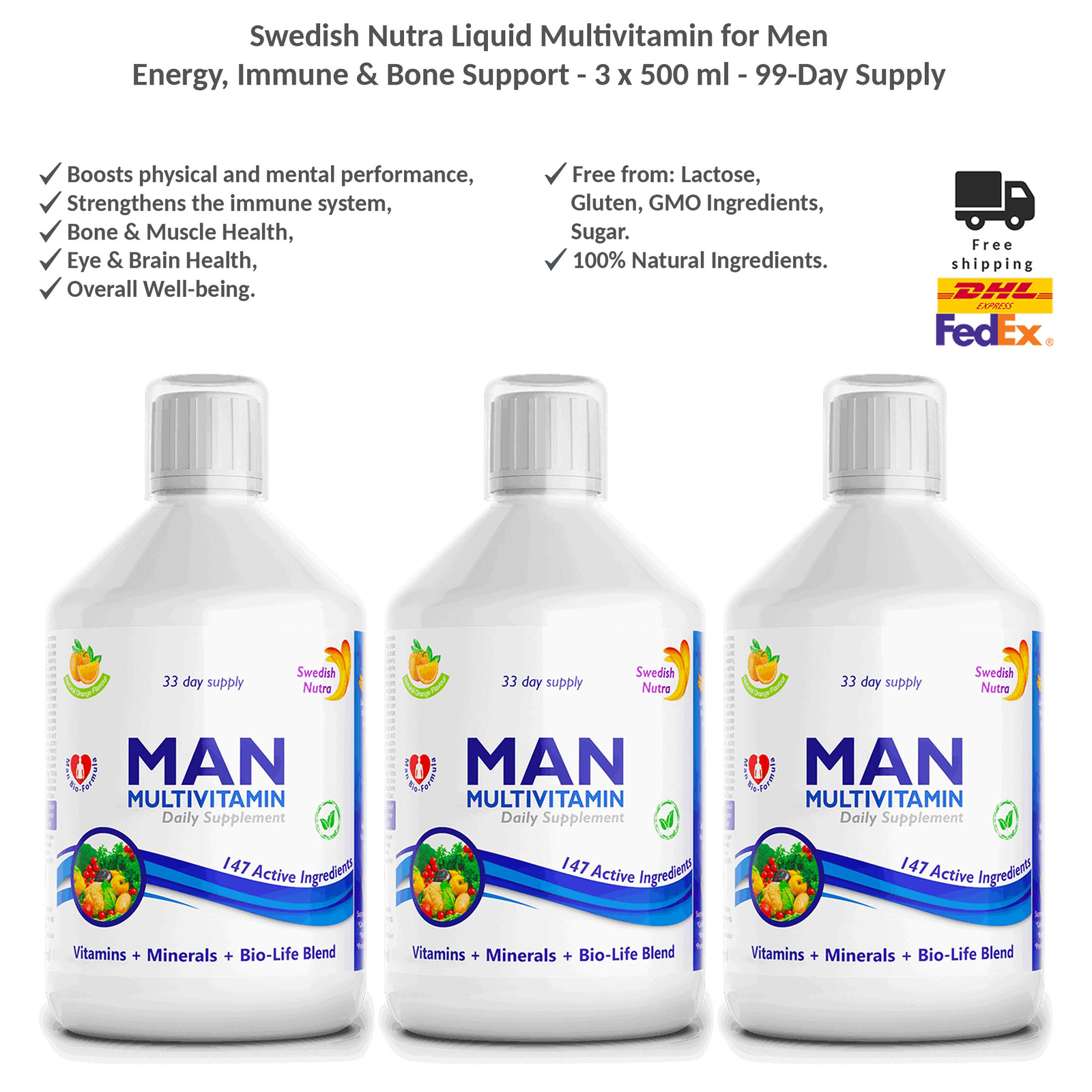 Swedish Nutra Liquid Multivitamin for Men Energy, Immune & Bone Support 3x500ml