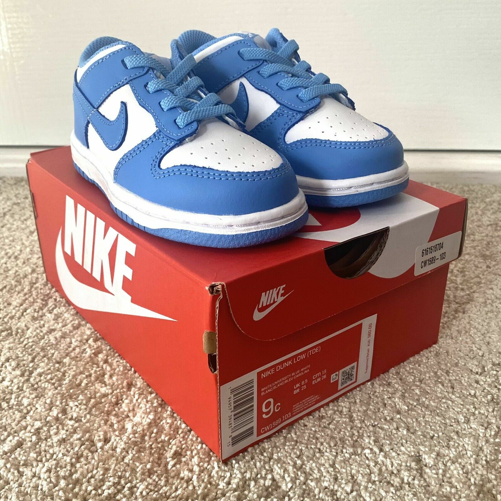 Pre-owned Nike Dunk Low Unc University Blue Td Size 9c Cw1589-103