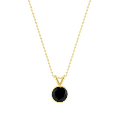 Pre-owned Shine Brite With A Diamond 1 Ct Round Black Created Diamond Real 14k Yellow Gold Bezel Pendant 18" Necklace