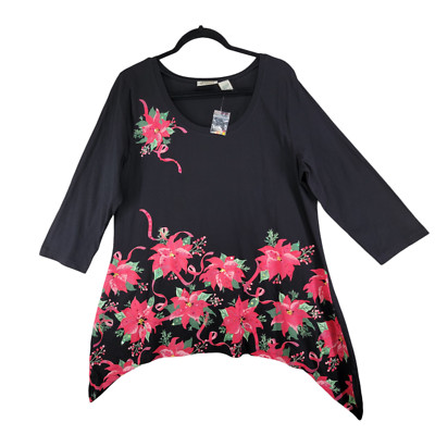 Collections Etc Womens Black Red Poinsettia Sequin Top 3/4 Sleeve SZ L NWT