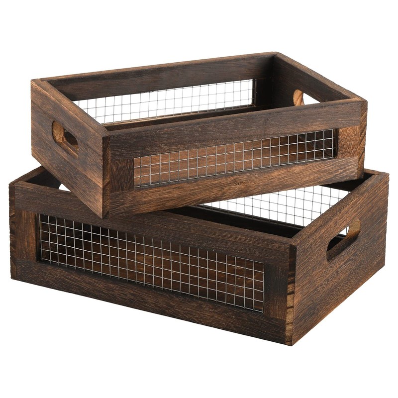 Set of 2 Rustic Wooden Organizer Crates Small Decorative Nesting