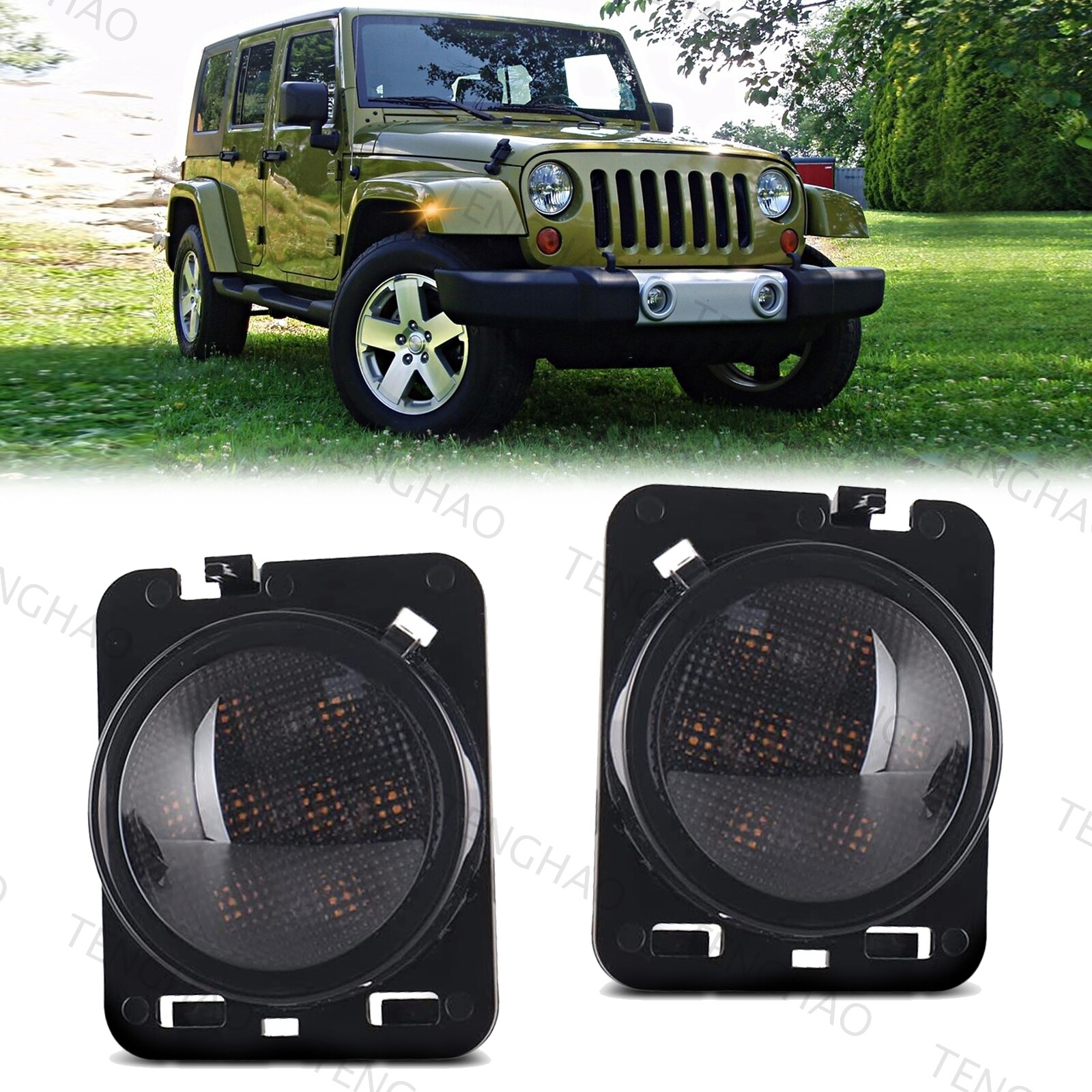 For 2007-2018 Jeep Wrangler JK LED Side Marker Front Fender Lights Smoked Lens