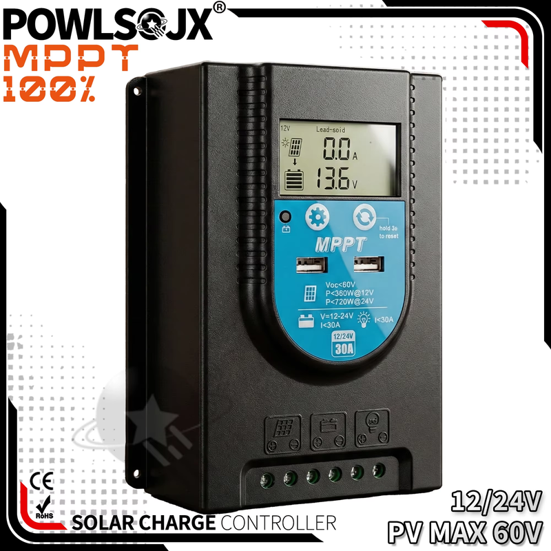 30A MPPT Solar Charge Controller 12V/24V Auto Fan Cooled Regulator for LiFePO4