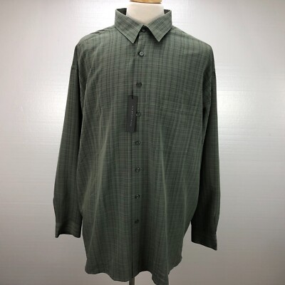 New Perry Ellis 2XL XXL Green Plaid Button Front Long Sleeve Casual Men's Shirt