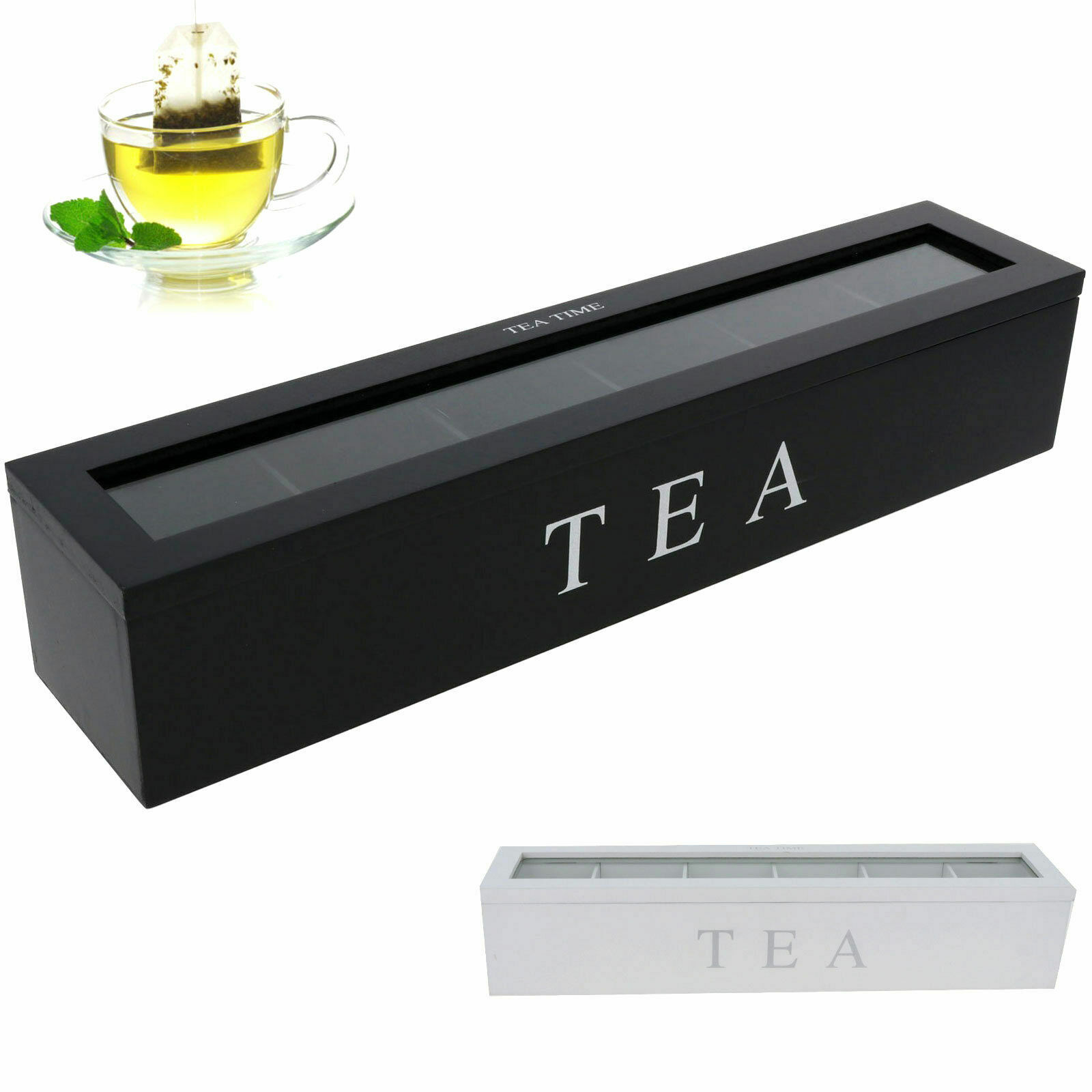 Teebox mit Fenster 6 Fächer Teekiste Teedose Kaffeepads Teebehälter Ordnung