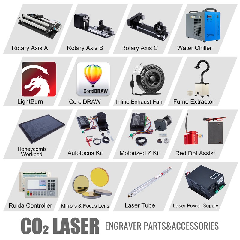 CO2 Laser Engraver Accessories - Water Chiller Rotary Axis Mirrors & Focus Lens
