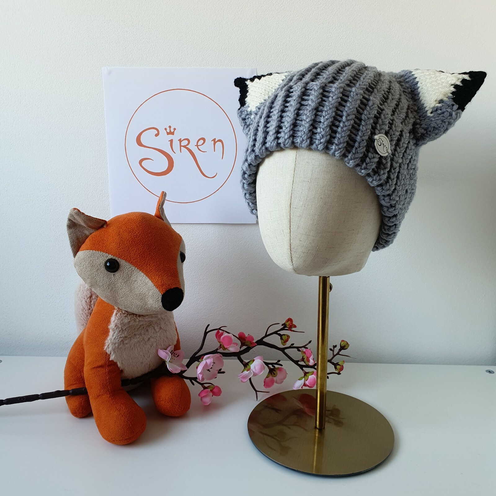 Light Grey Wolf Fox Cat Ears Hand Knitted Women's Winter Beanie