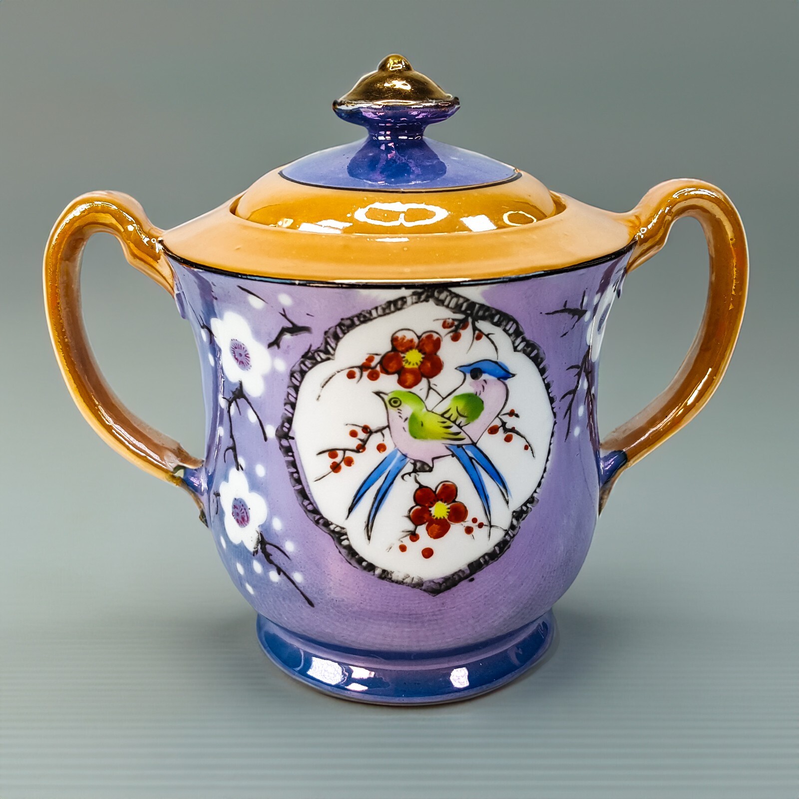 Vintage 1940's Purple Orange Lusterware Covered Sugar Bowl w Birds Flowers Japan - Thumbnail 2