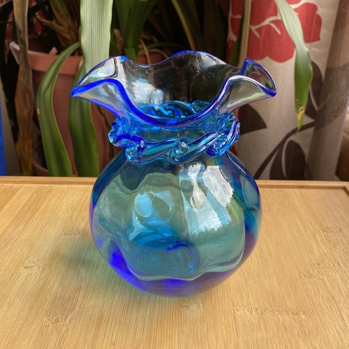 Rainbow Glass Aqua Blue Hand Blown Applied Wave Ruffled Edge