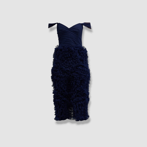 Pre-owned Marchesa Notte $895  Women's Blue Polka Dot Ruffled Off-shoulder Dress Size 4