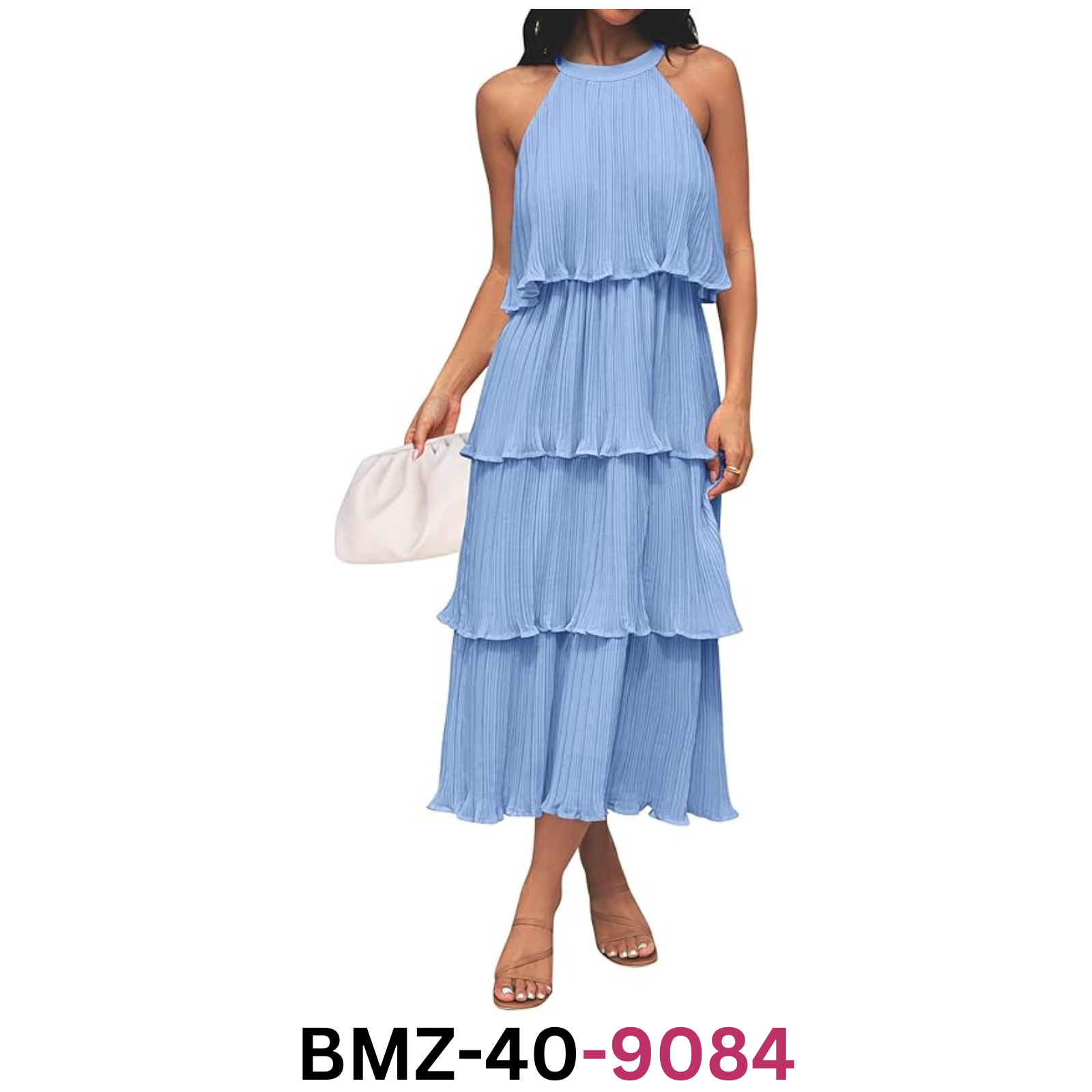 ZESICA Women Summer Sleeveless Halter Neck Ruffle Tiered Layed Chiffon Dress, L