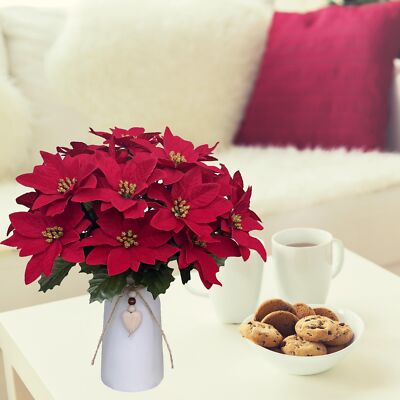 Artificial Red Poinsettia Christmas Flower Arrangement in Decorative White Va...