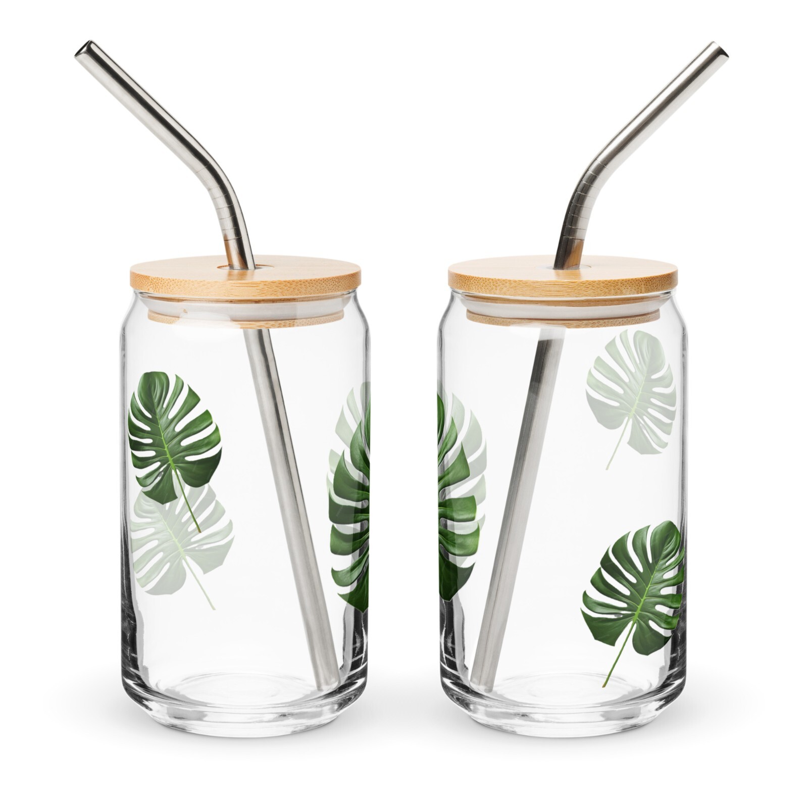 New Can-Shape Glass with Lid & Straw Durable Monstera Leaf Graphic Hand Wash