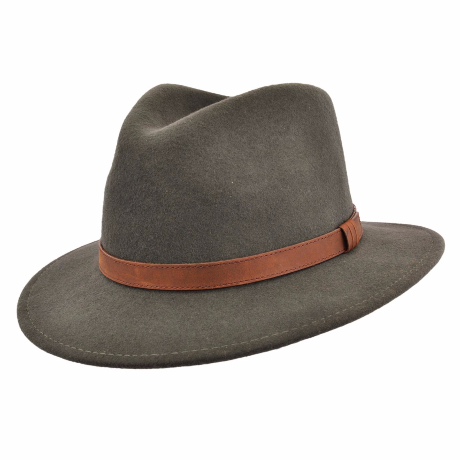 Gents Crushable DarkGreen 100Wool Felt Trilby Fedora Hat With Leather