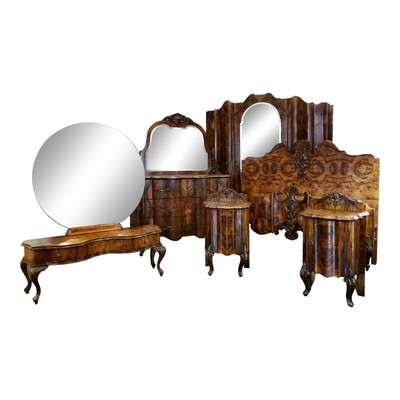 Antique Italian Olive Wood /Walnut Rococo Venetian Baroque 6 Piece Bedroom Suite