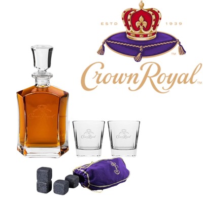 Crown Royal Decanter (750ml) Set W/2 Drinking Glasses (10.5oz) & Whisky Stones