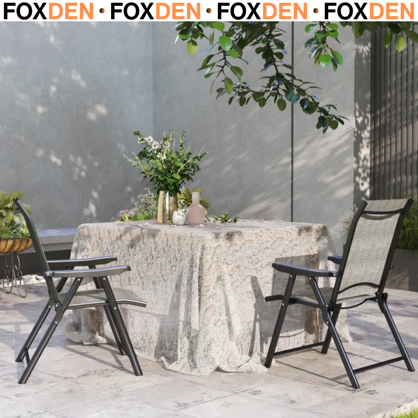 Steel Frame Folding Garden Dining Chairs Set of 2 with Mesh Seat, Black Grey