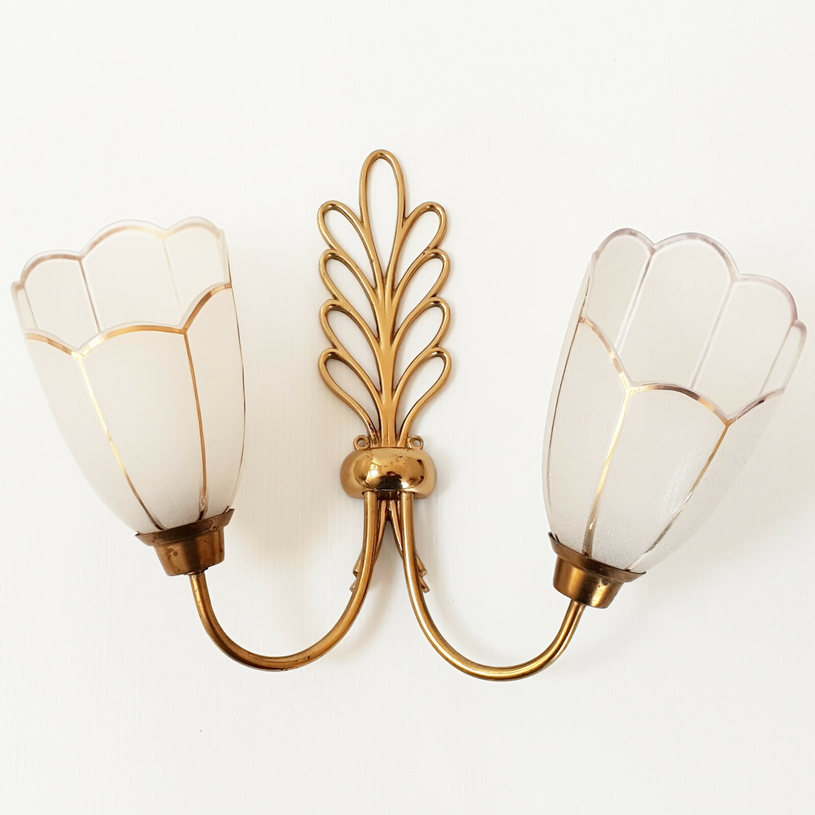 Large Vintage 1950 Brass Leaf Wall Lamp & Glass 50s Rockabilly