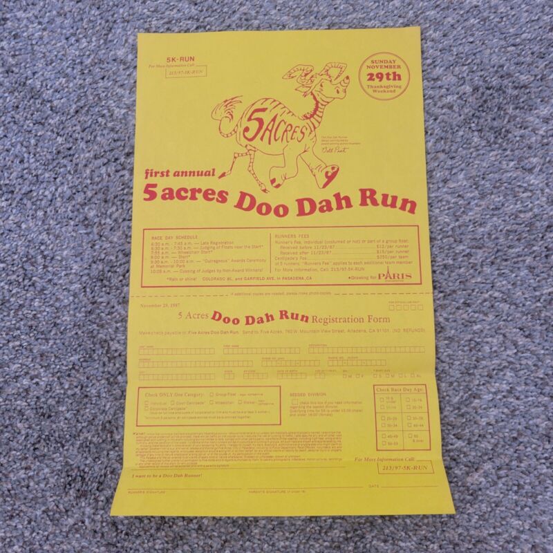 1987 1st Annual Doo Dah 5k Run Flyer and Registration Form Pasedena