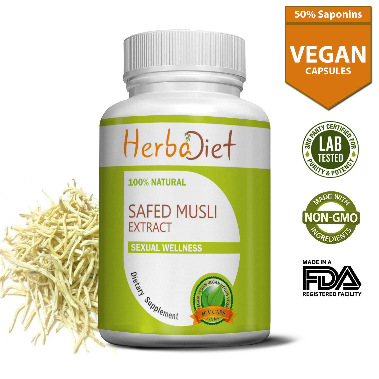 Safed Musli Extract 50% Saponins Veg 300 Capsules Chlorophytum Borivilianum