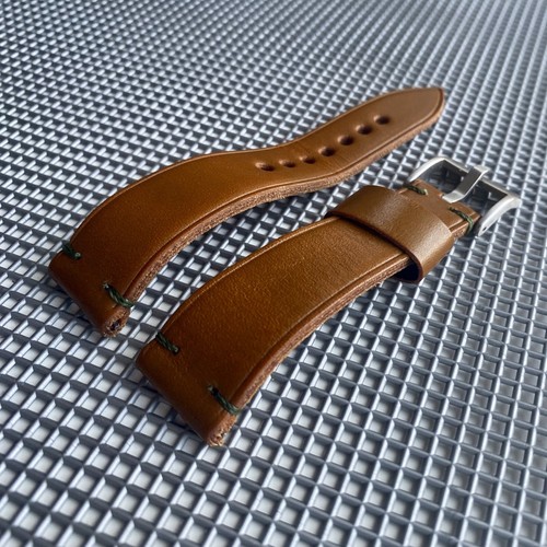 20mm ELEGANTE Designer LIGHT BROWN Leather Watch Strap band OLIVE GREEN Stitch