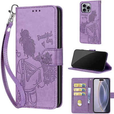 Emboss Girl Fashion Leather Wallet Case Cover Women Flip Stand For Various Phone