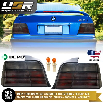 USA Ship UNIQUE Euro Smoke Grey Clear Tail Light For 92-98 BMW E36 4D Sedan M3
