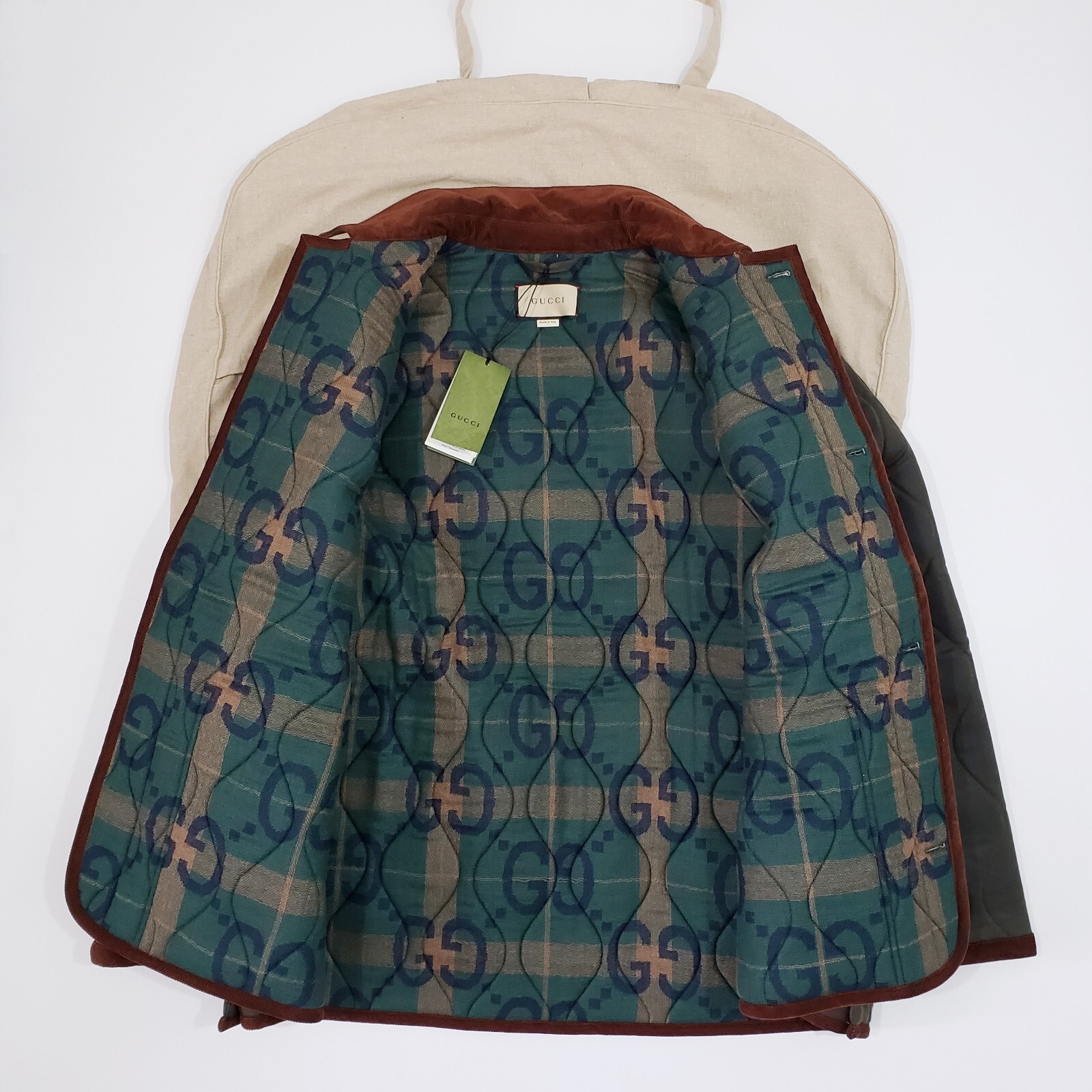 Pre-owned Gucci 731359 Wool Cotton Quilted Field Jacket Corduroy Trim Equestrian 54 Xl-2xl In Green