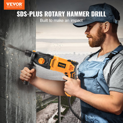 VEVOR Rotary Hammer Drill 1'' Corded SDS-Plus Chipping Hammer with 4 Modes, 800W 