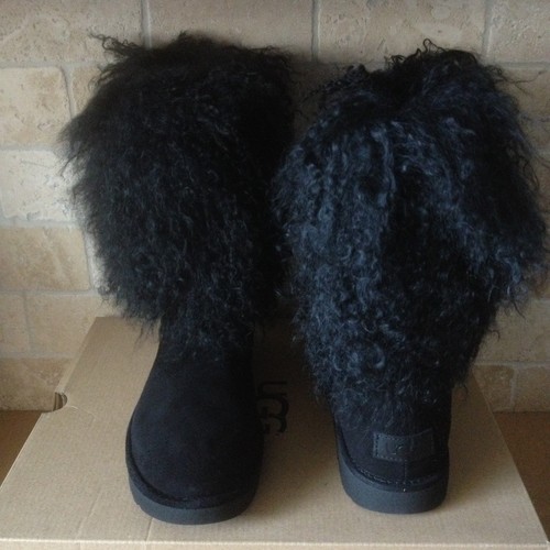 Pre-owned Ugg Lida Mongolian Sheepskin Cuff Black Suede Classic Short Boots Size 7 Womens