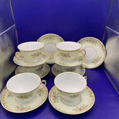 Tuillerie China Japan 6 Cup & 8 Saucer TUI1 Border w Floral Sprays