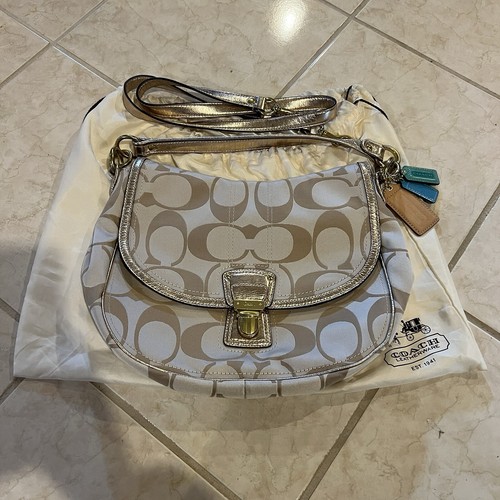 バッグ Coach Hobo Shoulder Bag Signature COACH Poppy Signature Sateen Hobo Bag Khaki Patent Leather