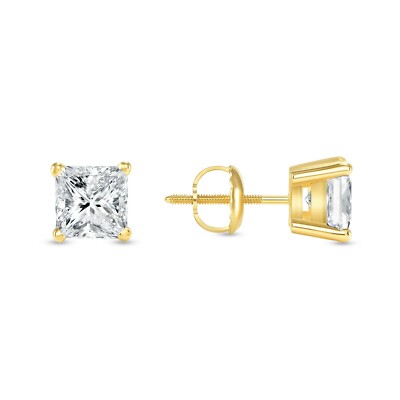 Pre-owned Shine Brite With A Diamond 2.5 Ct Princess Cut Earrings Studs Real Solid 14k Yellow Gold Screw Back Basket In White/colorless