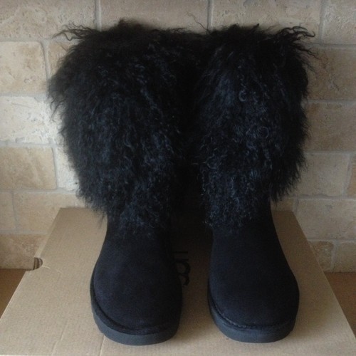 Pre-owned Ugg Lida Mongolian Sheepskin Cuff Black Suede Classic Short Boots Size 7 Womens
