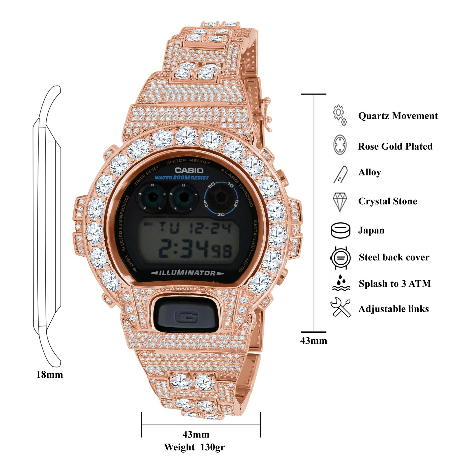 Pre-owned Casio Authentic Custom  G-shock Dw 6900 Solitaire Bezel Rose Gold Finish Watch