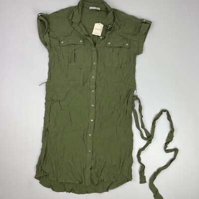 Oasis Dress 8 Green Short Sleeve Knee Length Button Collared Belt