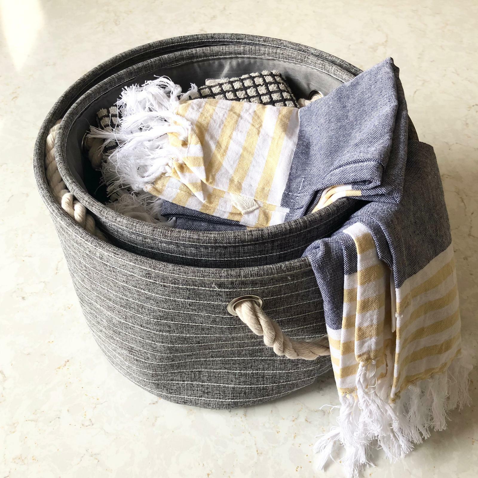 Grey Round Canvas Storage Basket With Handles Rustic