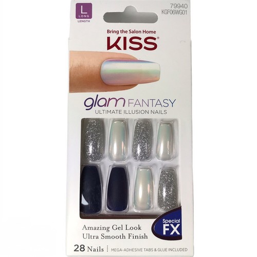 NEW Kiss Nails Glam Fantasy Press Glue Manicure Long Gel Coffin Navy Silver Holo NEW Kiss Nails Glam Fantasy Press Glue Manicure Long Gel Coffin Navy Silver Holo