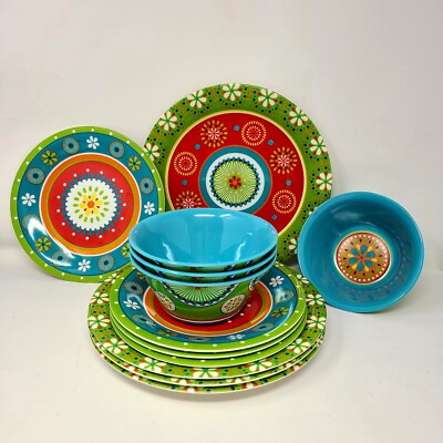 Pier 1 One 12 pc Set Flower Art Fiesta ~4 Each Bowls, Dinner & Luncheon Plates