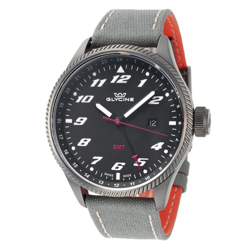 Glycine GL1006 Мужские кварцевые часы Airman GMT с черным циферблатом и ремешком из кордуры диаметром 45 мм
