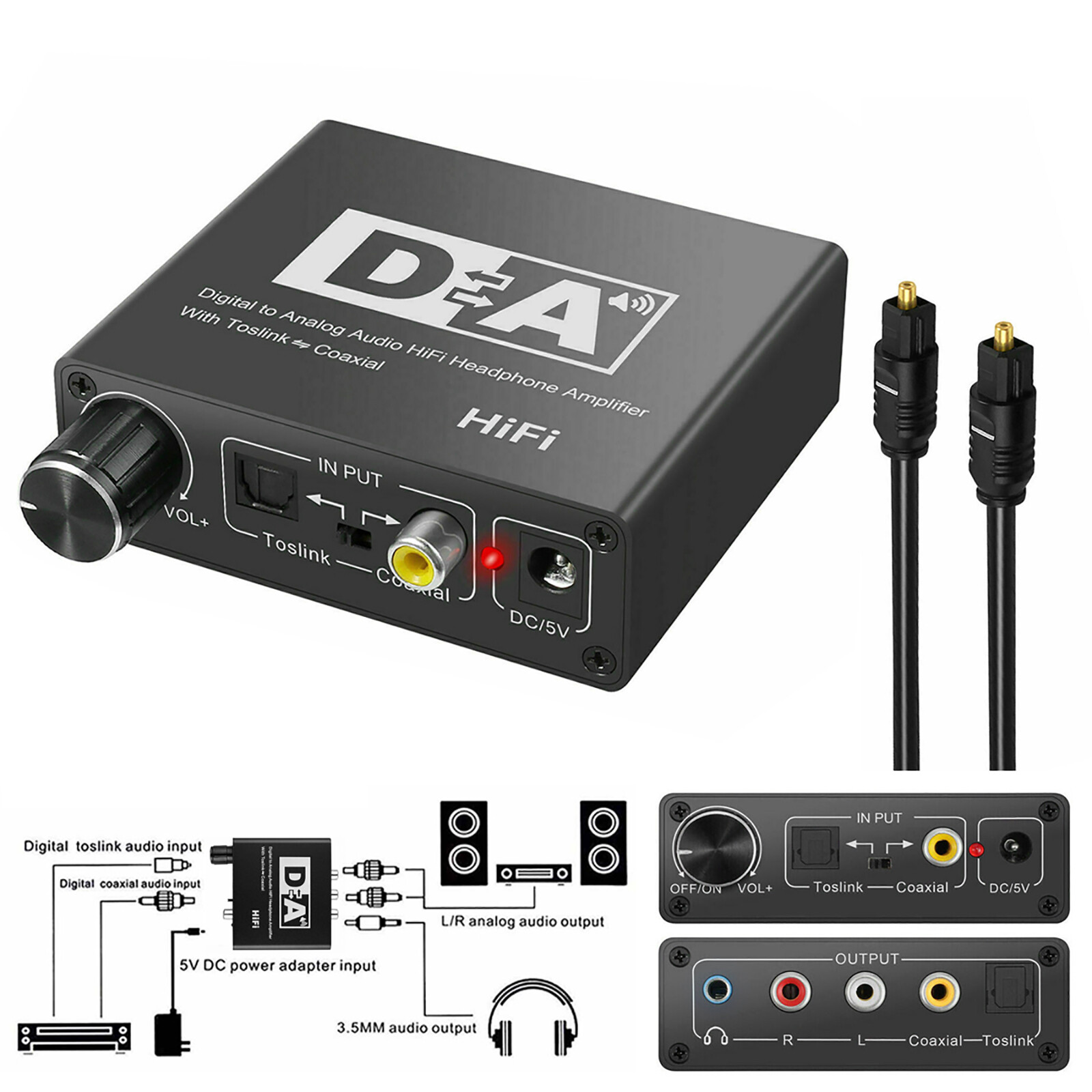Jack Digital to Analog R/L Audio Converter RCA Adapter Optic