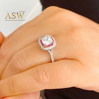 Pre-owned Asw 14k Solid White Gold Cushion Moissanite And Natural Diamonds And Ruby Ring 2.20