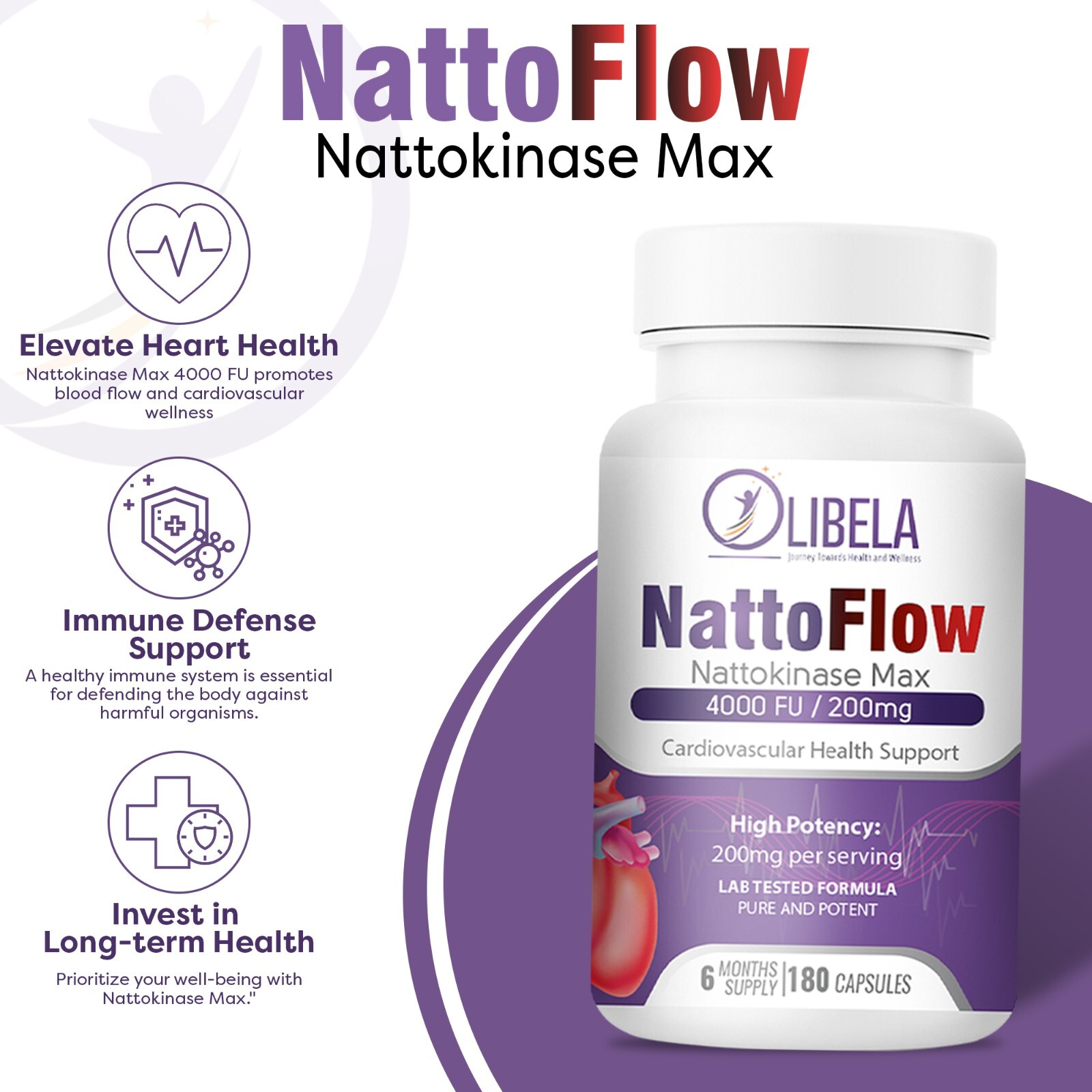 Nattokinase 4,000 FU 200mg (180 Caps) Blood Flow, Heart & Cardiovascular Health